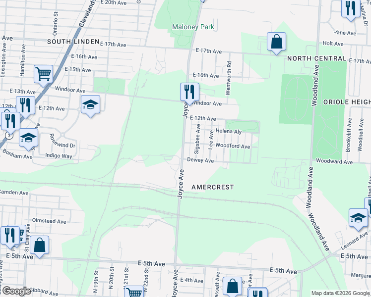 map of restaurants, bars, coffee shops, grocery stores, and more near in Columbus