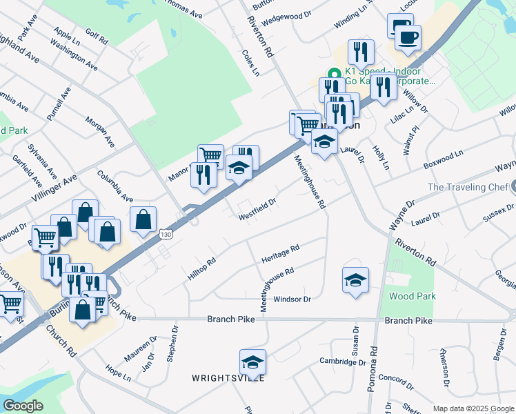 map of restaurants, bars, coffee shops, grocery stores, and more near 753 Westfield Drive in Cinnaminson
