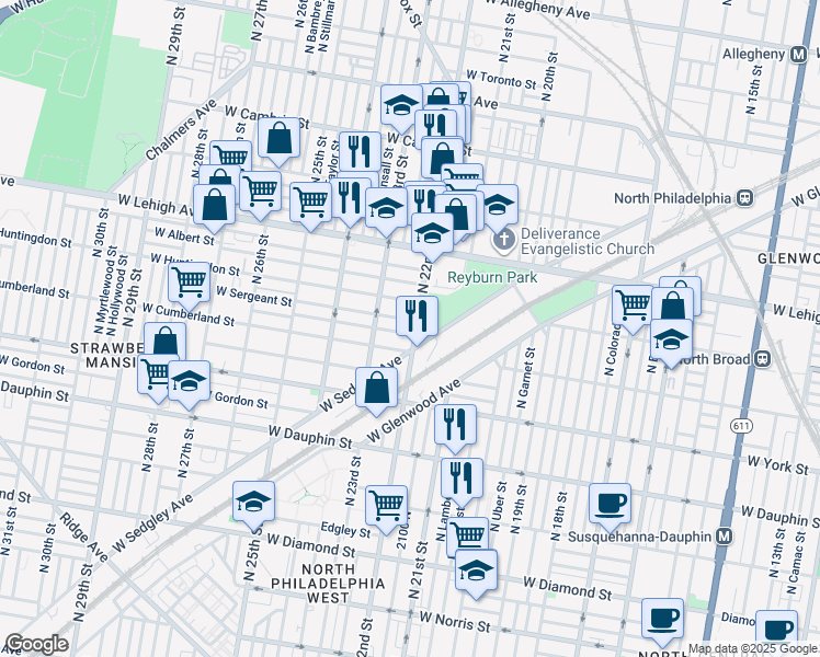 map of restaurants, bars, coffee shops, grocery stores, and more near 2524 North 22nd Street in Philadelphia