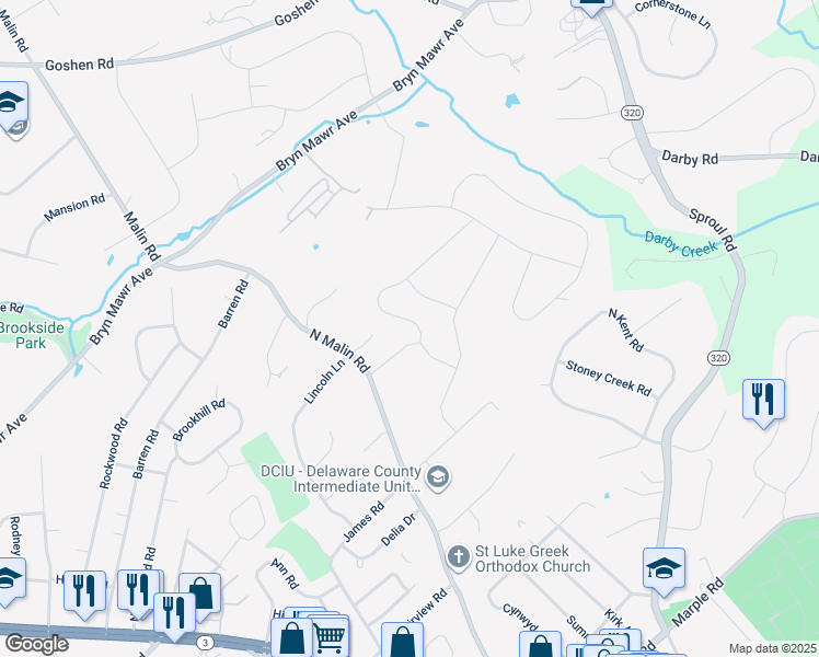 map of restaurants, bars, coffee shops, grocery stores, and more near 107 Lincoln Circle in Broomall