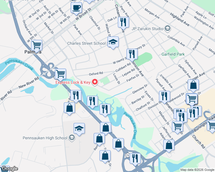 map of restaurants, bars, coffee shops, grocery stores, and more near 125 Fairfax Drive in Cinnaminson