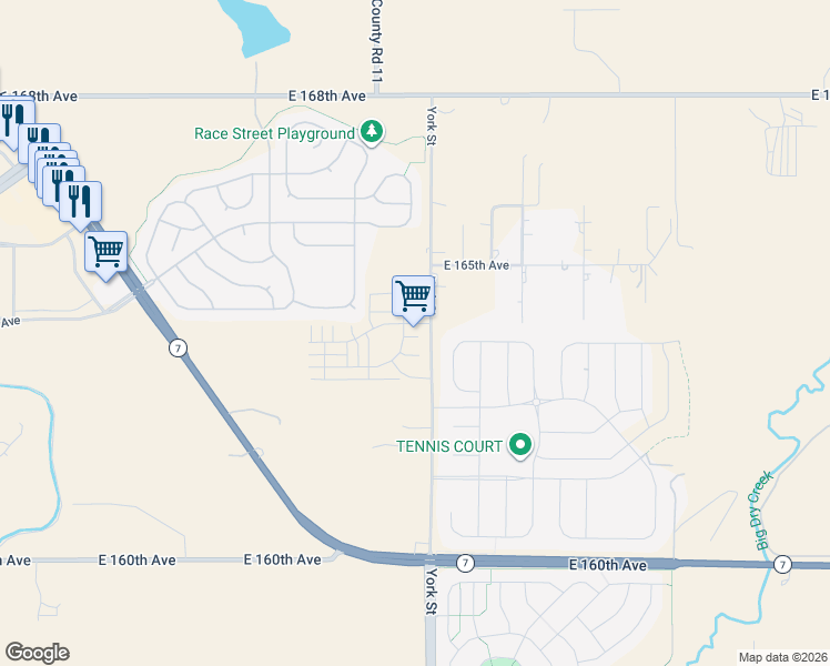 map of restaurants, bars, coffee shops, grocery stores, and more near 16381 York Street in Thornton