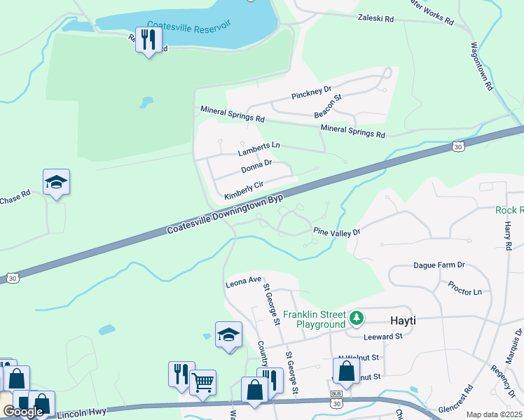 map of restaurants, bars, coffee shops, grocery stores, and more near 4 Putter Lane in Coatesville
