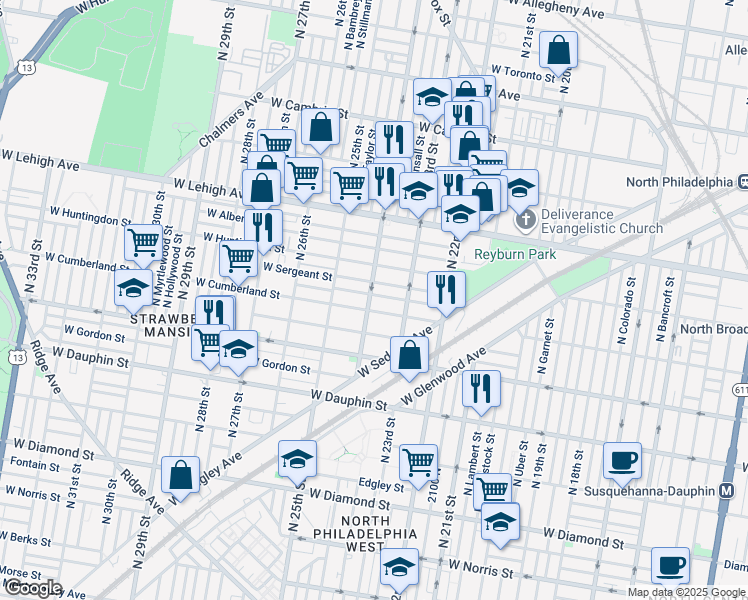 map of restaurants, bars, coffee shops, grocery stores, and more near 2515 North 24th Street in Philadelphia