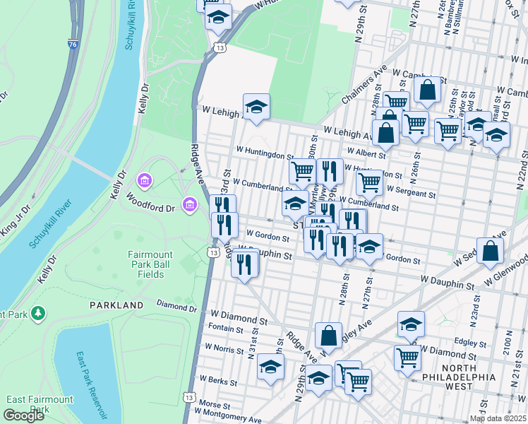 map of restaurants, bars, coffee shops, grocery stores, and more near 2412 North Napa Street in Philadelphia