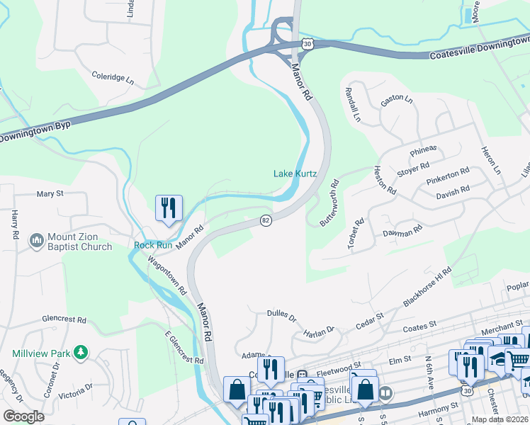 map of restaurants, bars, coffee shops, grocery stores, and more near 1001 South Manor Road in Coatesville