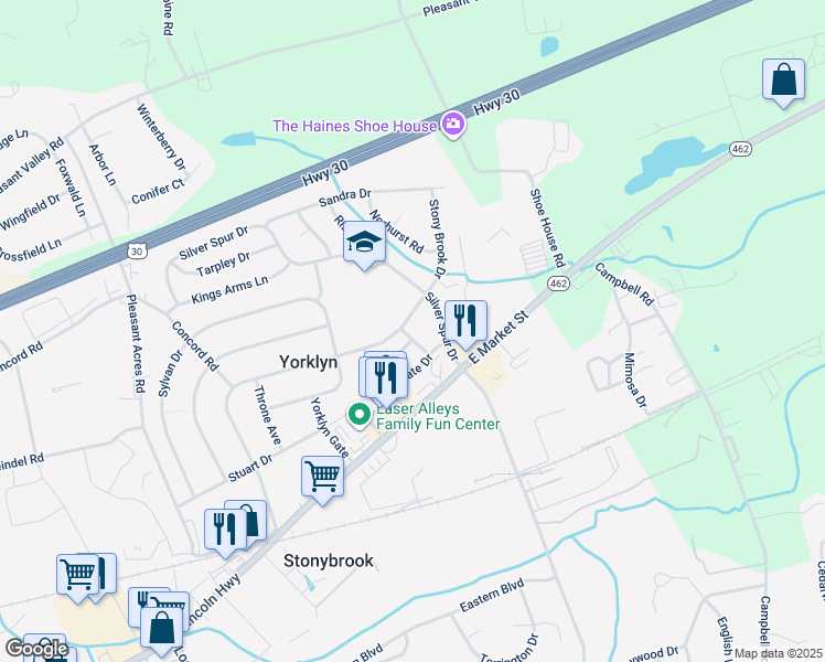 map of restaurants, bars, coffee shops, grocery stores, and more near 121 Valley Brook Drive in York