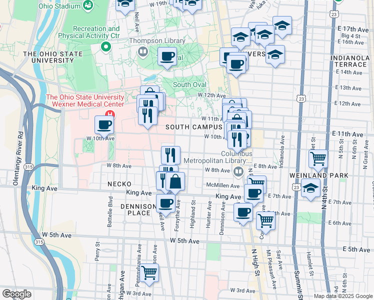 map of restaurants, bars, coffee shops, grocery stores, and more near 164 West 9th Avenue in Columbus