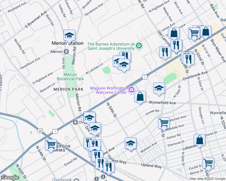 map of restaurants, bars, coffee shops, grocery stores, and more near 415 U.S. 1 in Philadelphia