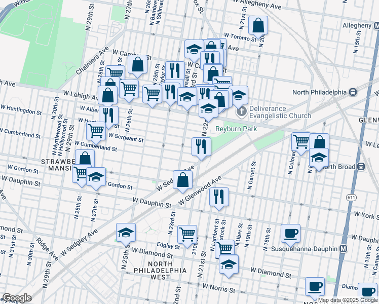 map of restaurants, bars, coffee shops, grocery stores, and more near 2231 West Firth Street in Philadelphia