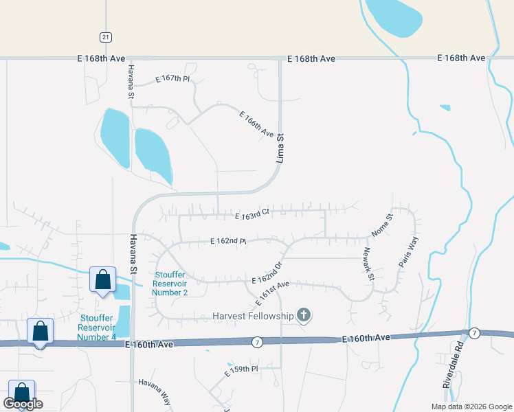 map of restaurants, bars, coffee shops, grocery stores, and more near 11183 East 163rd Court in Brighton