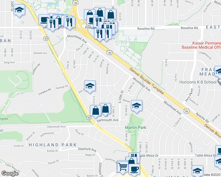 map of restaurants, bars, coffee shops, grocery stores, and more near 3345 Martin Drive in Boulder