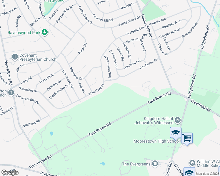 map of restaurants, bars, coffee shops, grocery stores, and more near 347 Tom Brown Road in Moorestown