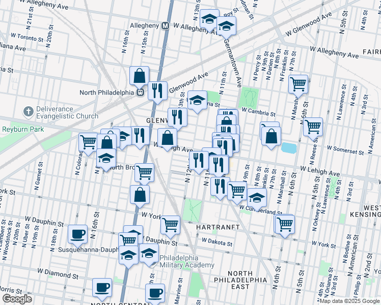 map of restaurants, bars, coffee shops, grocery stores, and more near in Philadelphia