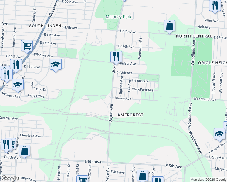 map of restaurants, bars, coffee shops, grocery stores, and more near in Columbus