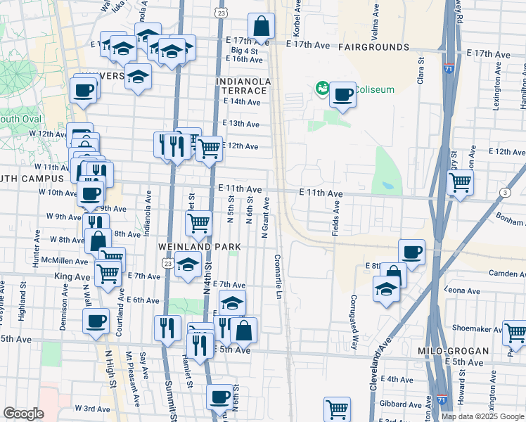 map of restaurants, bars, coffee shops, grocery stores, and more near 1444 North 6th Street in Columbus