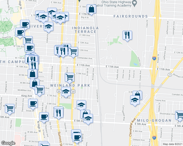 map of restaurants, bars, coffee shops, grocery stores, and more near 1444 North 6th Street in Columbus