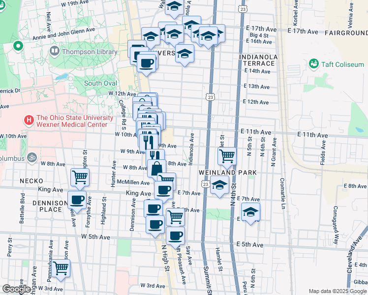 map of restaurants, bars, coffee shops, grocery stores, and more near 95 East 9th Avenue in Columbus