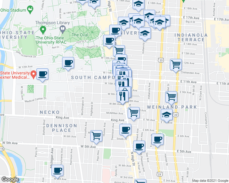 map of restaurants, bars, coffee shops, grocery stores, and more near 61 West 9th Avenue in Columbus