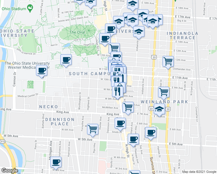 map of restaurants, bars, coffee shops, grocery stores, and more near 61 West 9th Avenue in Columbus