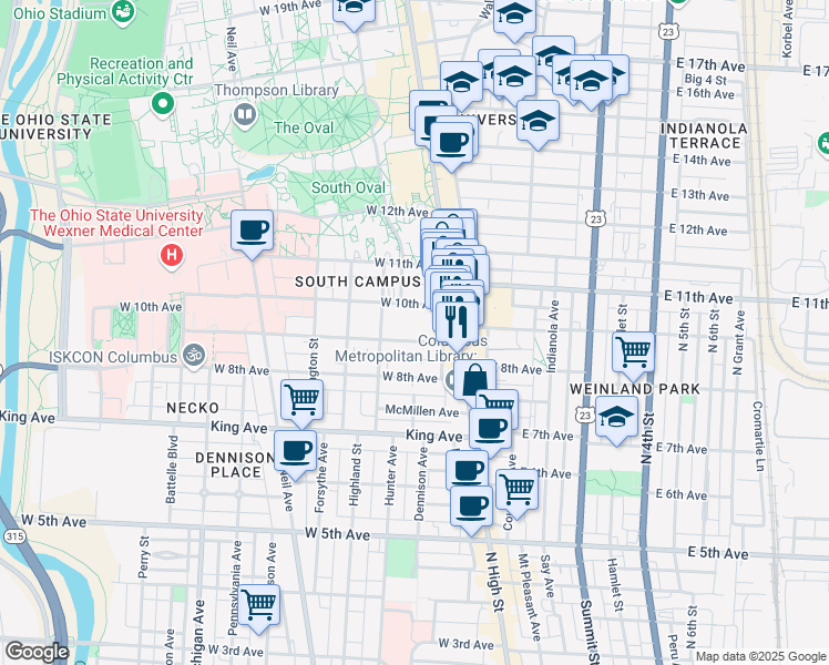 map of restaurants, bars, coffee shops, grocery stores, and more near 61 West 9th Avenue in Columbus