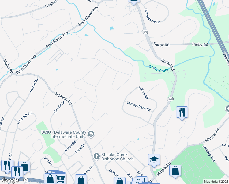 map of restaurants, bars, coffee shops, grocery stores, and more near 203 Fawn Hill Lane in Broomall