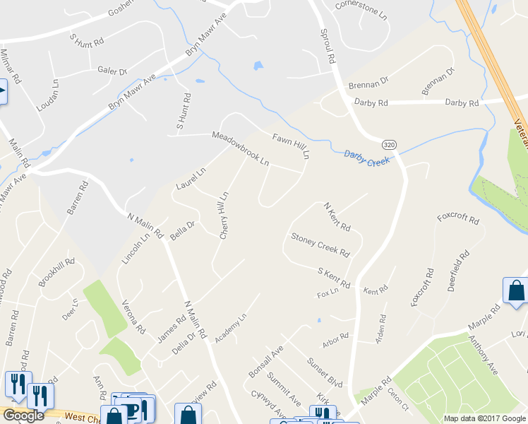 map of restaurants, bars, coffee shops, grocery stores, and more near 203 Fawn Hill Lane in Broomall