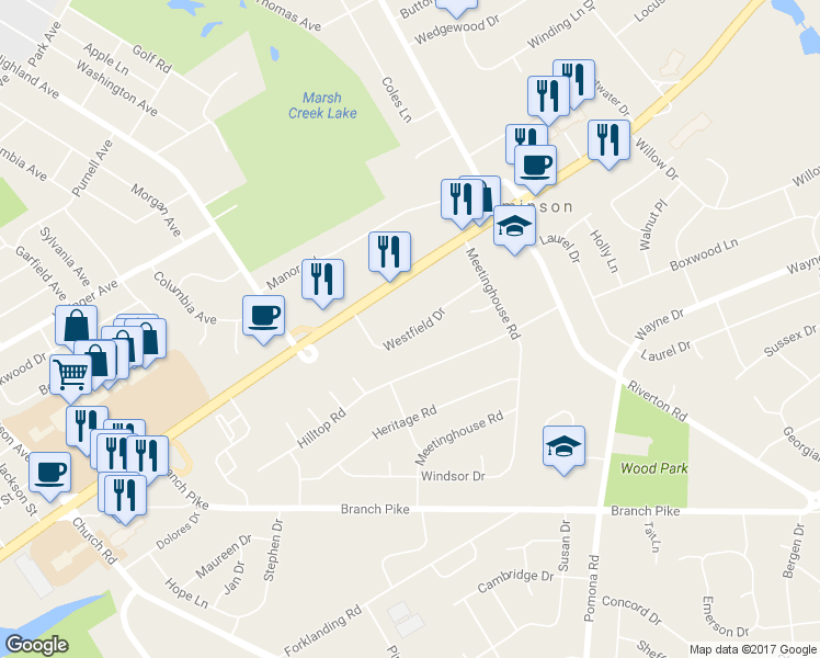 map of restaurants, bars, coffee shops, grocery stores, and more near 753 Westfield Drive in Cinnaminson