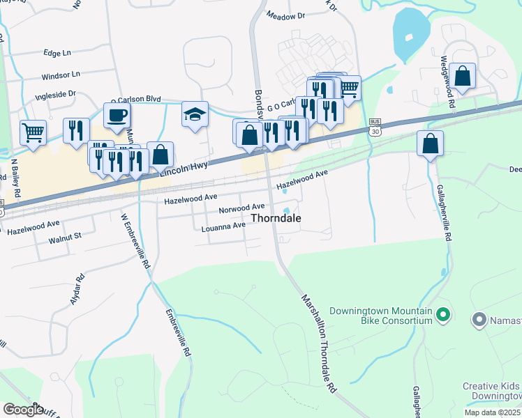 map of restaurants, bars, coffee shops, grocery stores, and more near 3814 Norwood Avenue in Downingtown