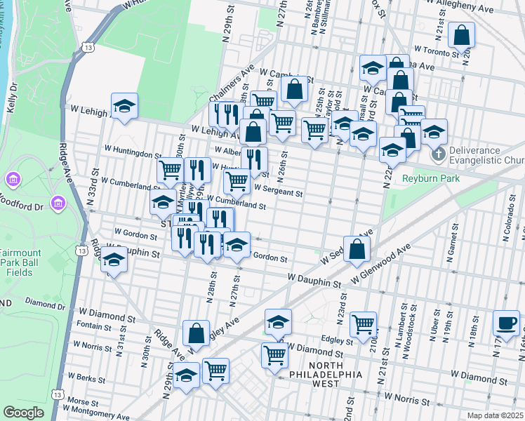 map of restaurants, bars, coffee shops, grocery stores, and more near 2620 West Cumberland Street in Philadelphia