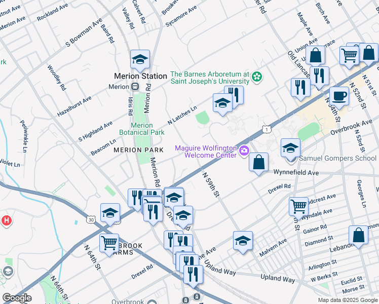 map of restaurants, bars, coffee shops, grocery stores, and more near 40 Raynham Road in Merion Station