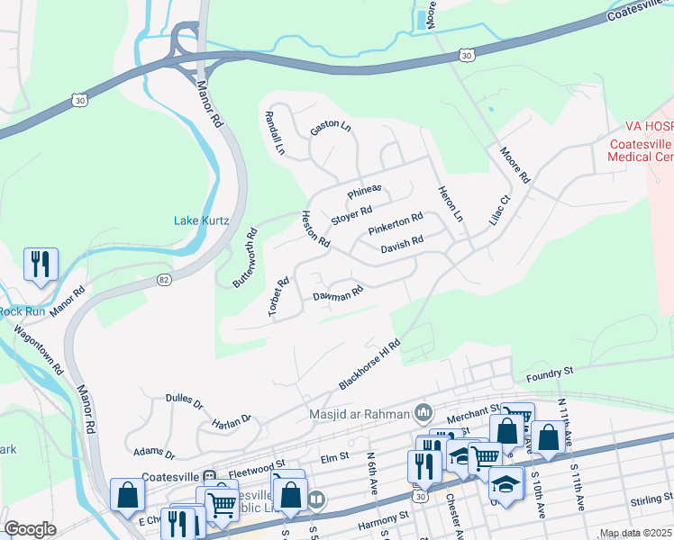 map of restaurants, bars, coffee shops, grocery stores, and more near 1405 Hulnick Road in Coatesville