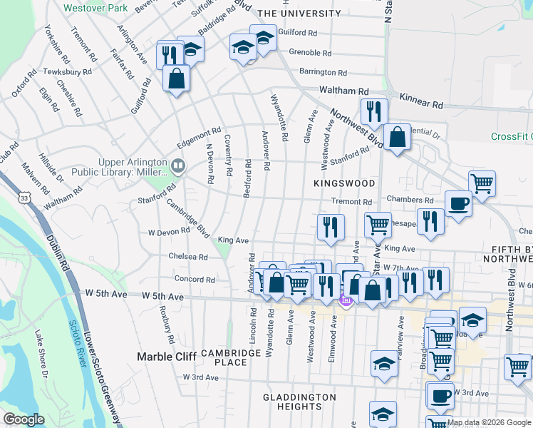 map of restaurants, bars, coffee shops, grocery stores, and more near 1777 Wyandotte Road in Columbus