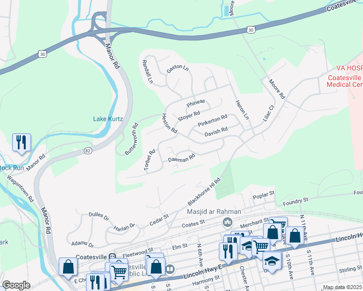 map of restaurants, bars, coffee shops, grocery stores, and more near 1405 Hulnick Road in Coatesville