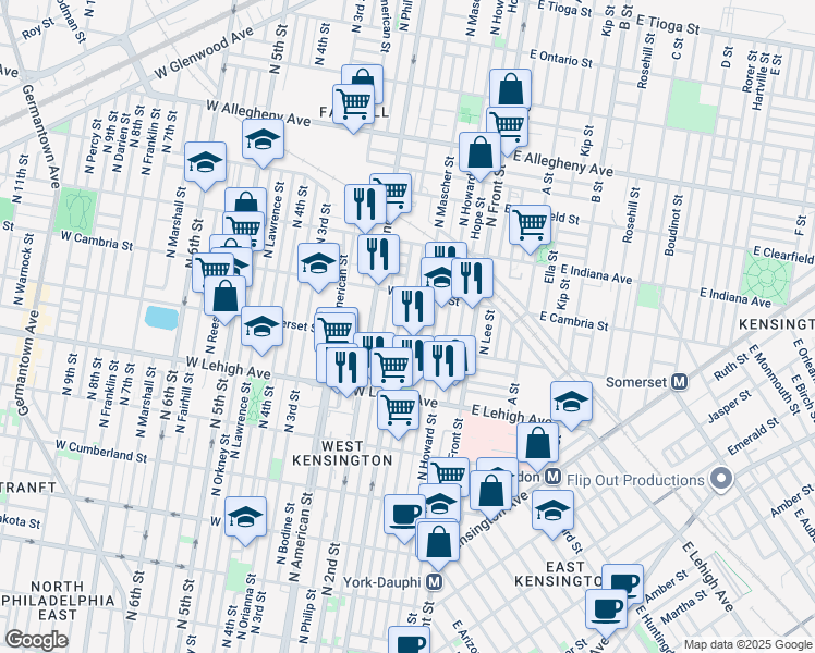 map of restaurants, bars, coffee shops, grocery stores, and more near 2822 Mutter Street in Philadelphia