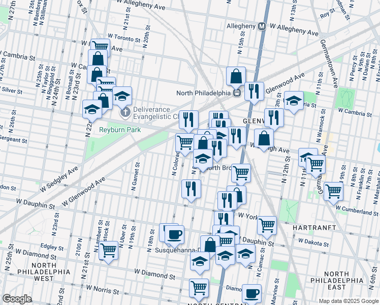 map of restaurants, bars, coffee shops, grocery stores, and more near 2616 North Chadwick Street in Philadelphia