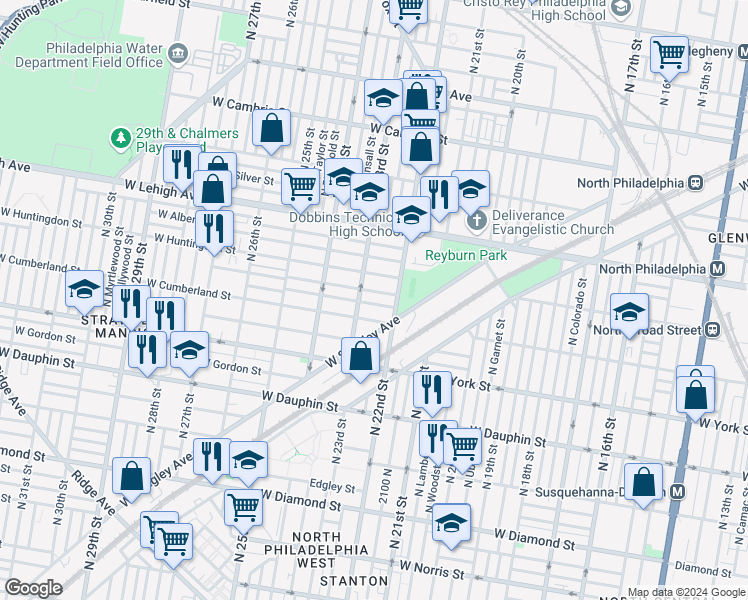 map of restaurants, bars, coffee shops, grocery stores, and more near 2231 West Firth Street in Philadelphia