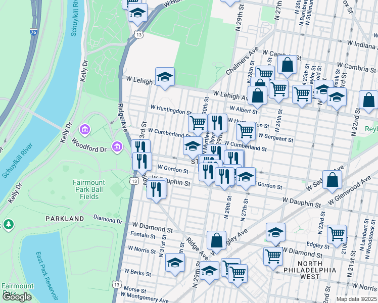 map of restaurants, bars, coffee shops, grocery stores, and more near 2424 North Corlies Street in Philadelphia