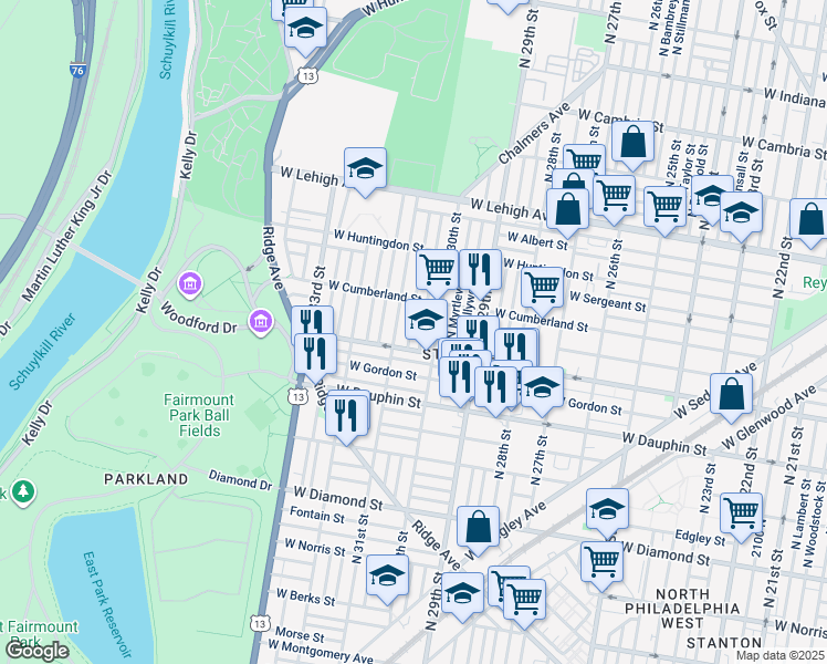 map of restaurants, bars, coffee shops, grocery stores, and more near 2423 North Stanley Street in Philadelphia