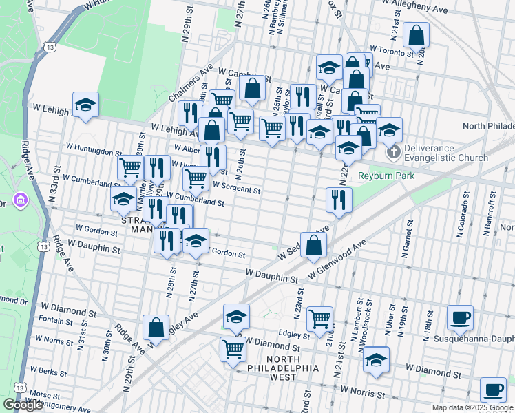 map of restaurants, bars, coffee shops, grocery stores, and more near 2501 West Cumberland Street in Philadelphia