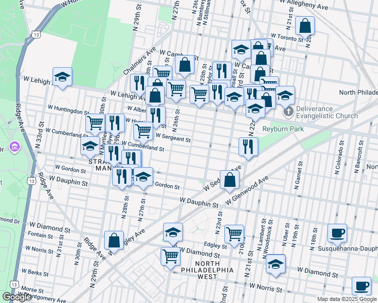 map of restaurants, bars, coffee shops, grocery stores, and more near 2501 West Cumberland Street in Philadelphia