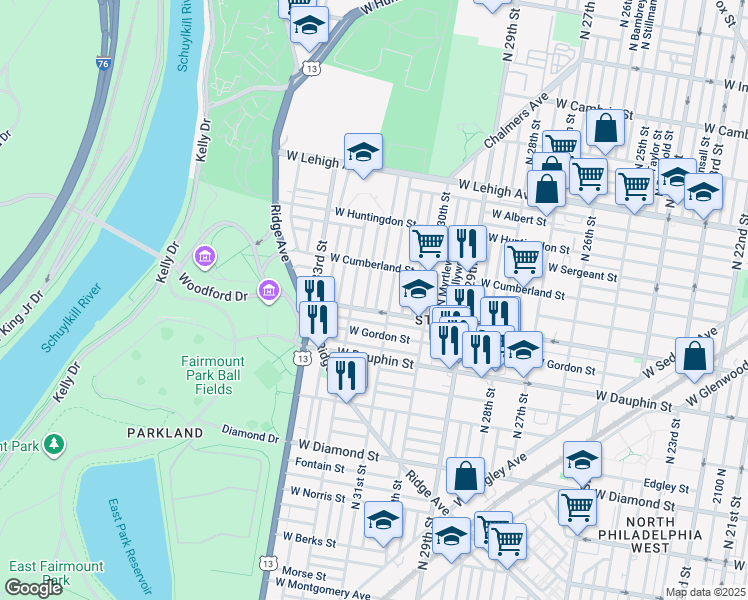 map of restaurants, bars, coffee shops, grocery stores, and more near 2414 North Napa Street in Philadelphia