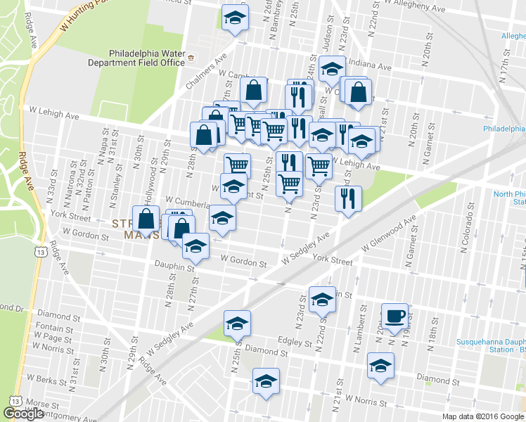 map of restaurants, bars, coffee shops, grocery stores, and more near 2451 West Cumberland Street in Philadelphia