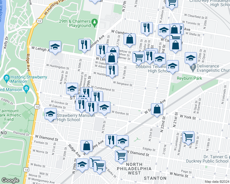 map of restaurants, bars, coffee shops, grocery stores, and more near 2622 West Cumberland Street in Philadelphia