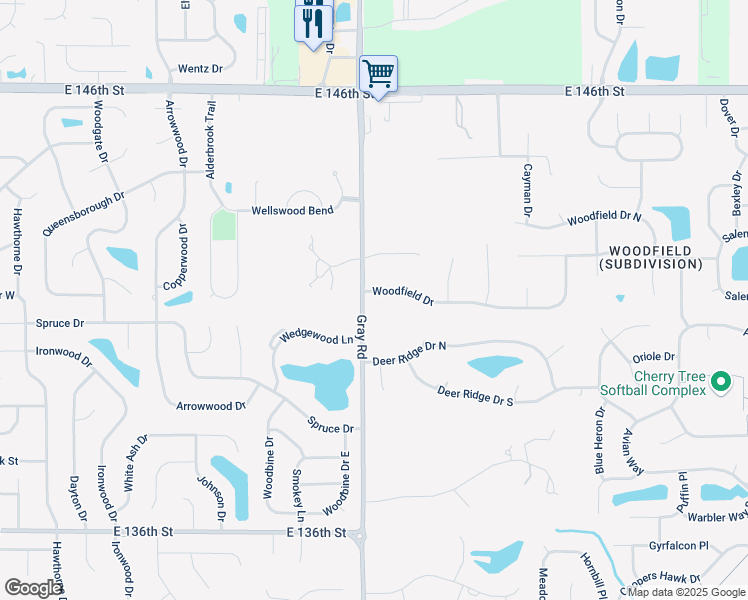 map of restaurants, bars, coffee shops, grocery stores, and more near 4841 Woodfield Drive in Carmel