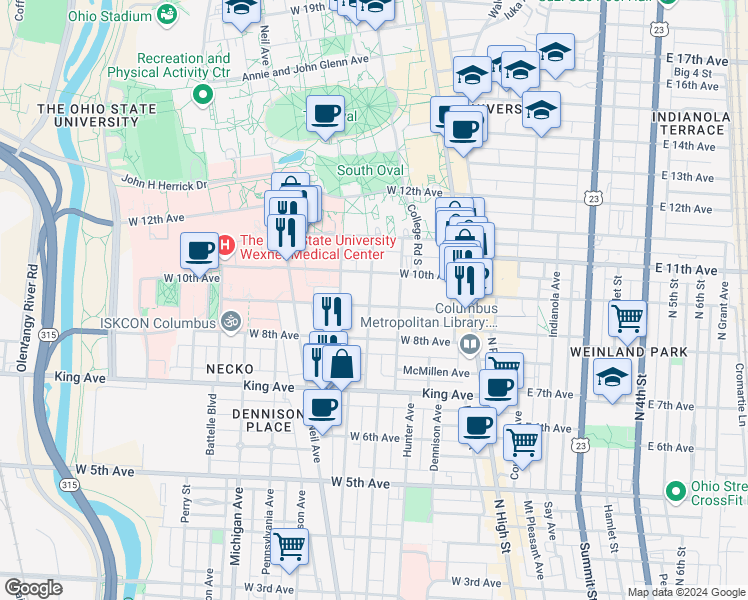 map of restaurants, bars, coffee shops, grocery stores, and more near 148 West 9th Avenue in Columbus