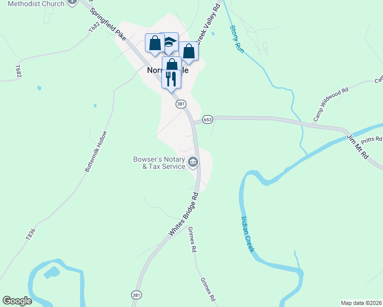 map of restaurants, bars, coffee shops, grocery stores, and more near 155 Mill Run Rd in Normalville