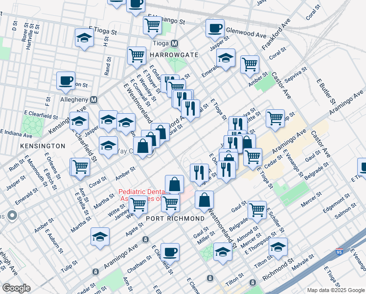 map of restaurants, bars, coffee shops, grocery stores, and more near 2220 East Ontario Street in Philadelphia