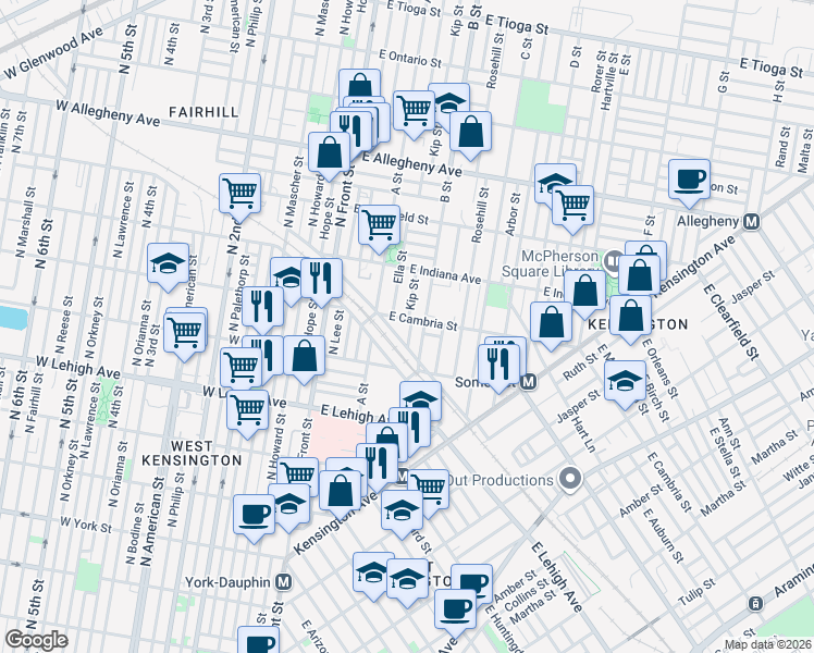 map of restaurants, bars, coffee shops, grocery stores, and more near 265 East Tusculum Street in Philadelphia