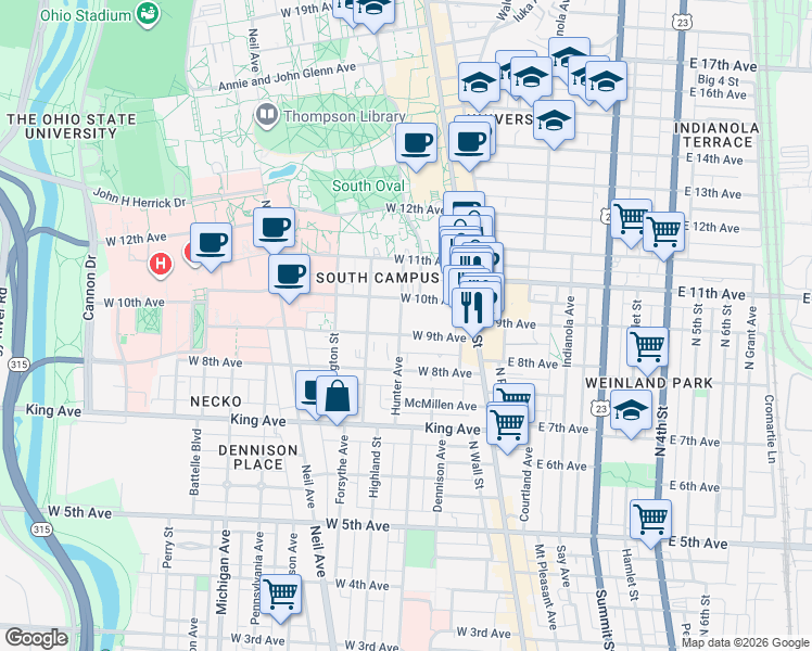 map of restaurants, bars, coffee shops, grocery stores, and more near 100 West 9th Avenue in Columbus